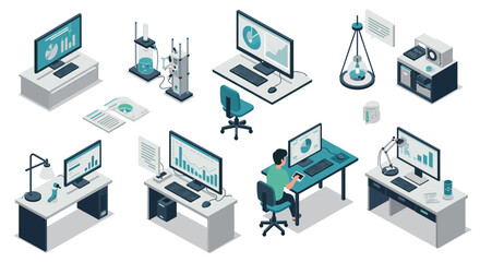Fototapeta premium Modern isometric workspace with computers, charts, and scientific equipment