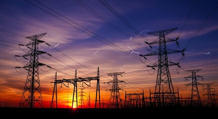 Electrical power lines silhouette against sunset sky
