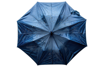 Blue umbrella with raindrops provides protection from the rain on a wet day during inclement weather on transparent background