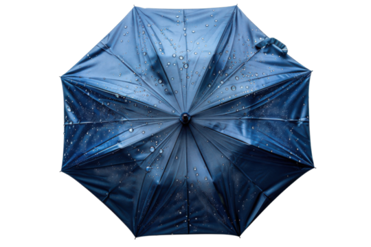 Blue umbrella with raindrops provides protection from the rain on a wet day during inclement weather on transparent background