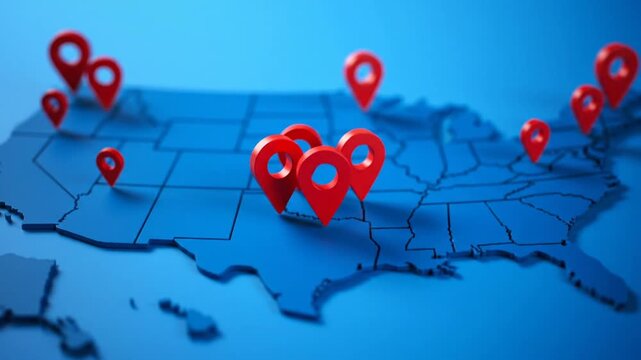 Dynamic 3D USA Map with Red Location Pins, Visualizing Business Network and Geographic Reach
