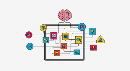 Conceptual illustration of an artificial intelligence neural network, with a central brain connecting to various learning and idea icons