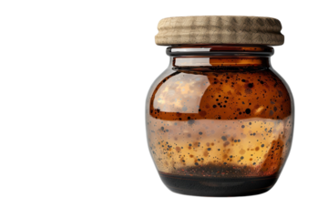 Decorative amber glass jar with a rustic wooden lid for home decor ideas on transparent background