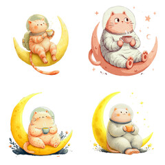 Cute cat astronaut drinking tea icon vector illustration