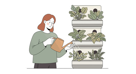 Minimalist illustration of a woman with a watering can tending to her indoor vertical garden, a concept of urban farming and sustainable lifestyle