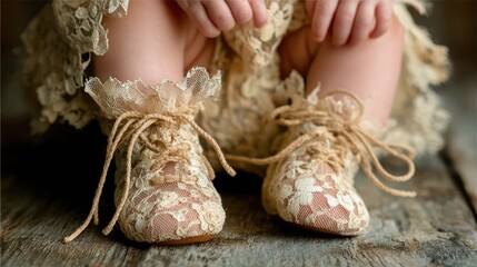 Delicate Toddler Lace Booties on Rustic Wooden Surface with Soft Focus and Natural Lighting