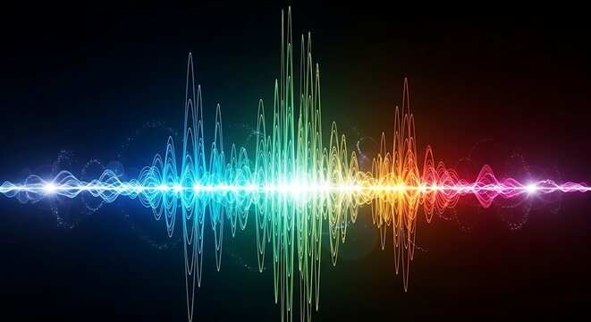 Vibrant sound wave visualization with mirrored peaks and rainbow spectrum, symbolizing audio data, music, and digital frequency dynamics.