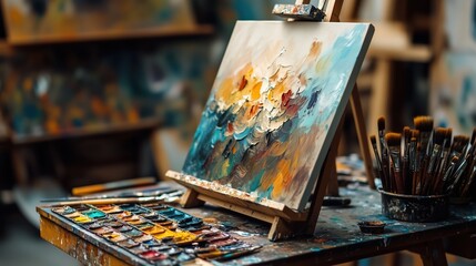 Artistic Atelier: Vibrant, a glimpse into a painter's world, showcasing an easel adorned with a textured painting alongside brushes and palettes, embodying the creative process.