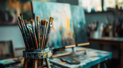 Artistic Creation: Close-up of painting brushes, a symbol of artistic tools and passion, set against the backdrop of a vibrant painting, evoking creativity and talent.