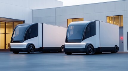Electric Delivery Trucks: Sleek electric delivery trucks parked in front of a modern building, offering a glimpse into the future of urban logistics and sustainable transportation.