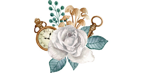 Watercolor, vintage, pocket, watch, white, rose, key, floral, leaves, illustration