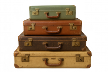 Group of four old-fashioned suitcases stacked, showing different colors and textures, suggesting retro travel and classic adventure
