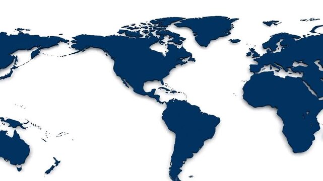 Dynamic 3D World Map Animation: Blue Continents Panning on Clean White Background with Shadows