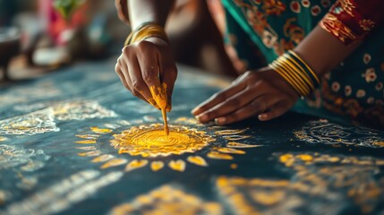 Artisan at Work: The photo captures the skilled hand of an artisan meticulously applying vibrant pigments to a canvas, bringing intricate patterns to life and showcasing cultural artistry.