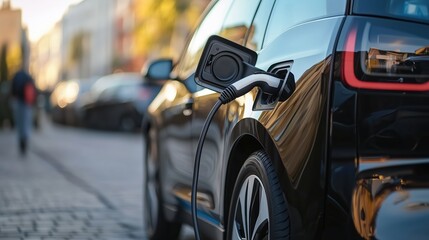 Charging Electric Vehicle: A sleek, modern electric vehicle is plugged in, drawing power from a charging station along a quiet, tree-lined street.