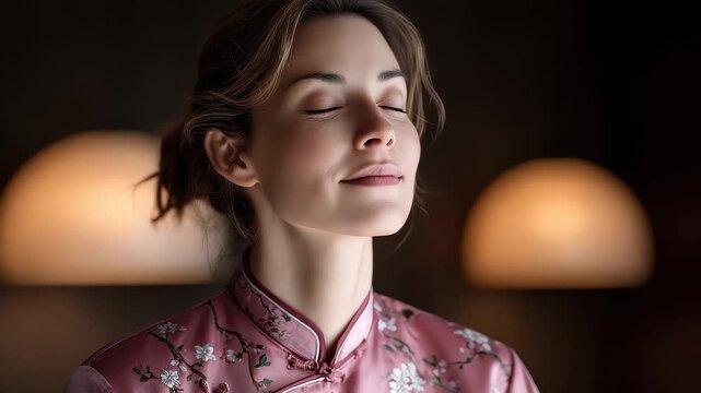 Eastern woman in cheongsam meditating quietly
