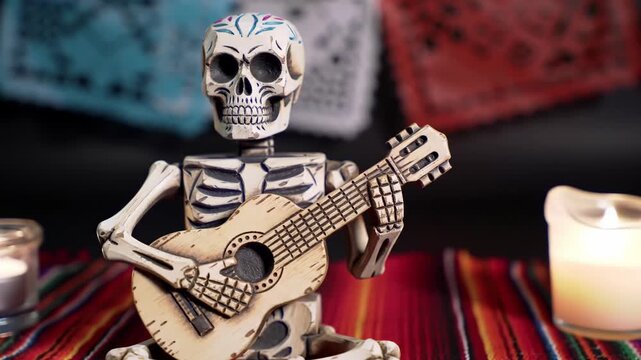 Vibrant D?a de Muertos Skeleton Musician Figurine Serenades with Guitar by Warm Candlelight.