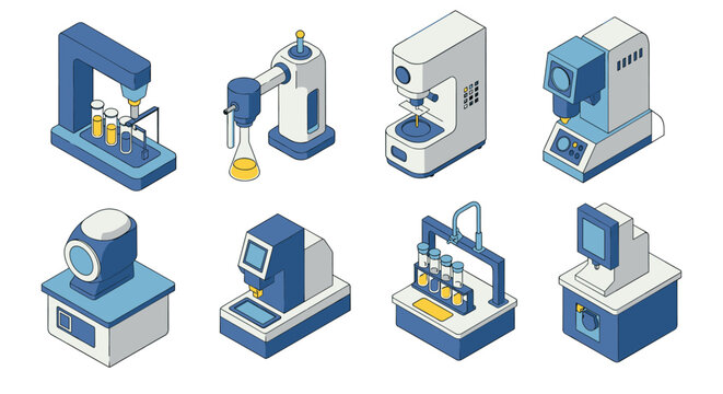 Isometric laboratory equipment set featuring modern analytical devices and ap…