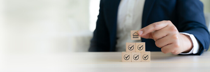 Regulation and good governance for transparent, accountable, and sustainable business operations. Wooden blocks with check marks, symbolizing corporate regulatory and compliance, ethical corporate.