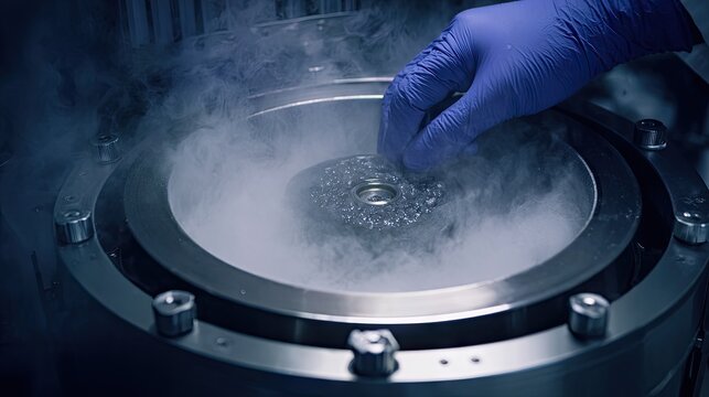 Laboratory hand manipulating equipment with dry ice and smoke in scientific research setting for advanced experiments - Powered by Adobe
