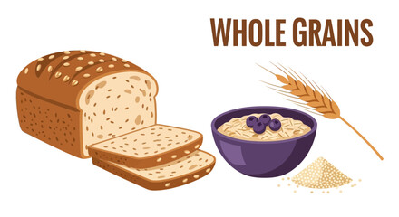 Healthy eating concept with whole grains, featuring a loaf of bread, a bowl of porridge with berries, and a wheat spike illustration