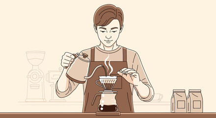 Pour-Over Coffee Preparation Hand-Drip Method by a Barista