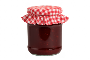 Homemade fruit jam jar with red gingham lid