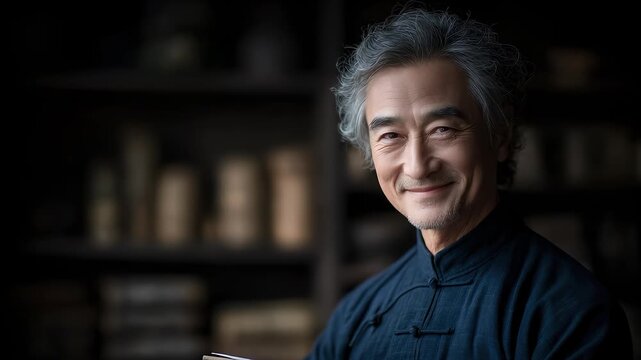 Eastern Elderly Person Smiling and Gazing, Showing the Demeanor of a Wise Man