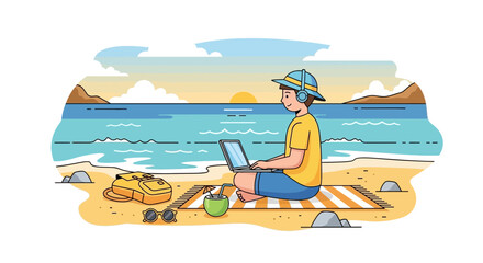 Freelancer Concentrating on Laptop While Working Remotely on a Serene Sandy Beach During Sunset, Blending Leisure with Professional Productivity in a Peaceful Coastal Setting