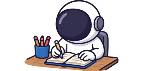 astronaut writing, astronaut illustration, astronaut studying, astronaut at desk, space themed illustration, astronaut working, cartoon astronaut, astronaut drawing, astronaut with pen, astronaut conc
