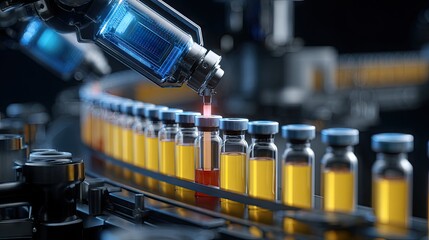 Modern Automated Production Line with Robotic Arm Filling Vials in Pharmaceutical Manufacturing Process