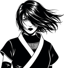 Striking portrait of a female ninja or martial artist with short, windblown hair, black and white vector illustration of a determined anime-style woman in a combat uniform. © MstBaby