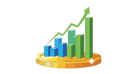A financial growth concept with an upward trending bar graph and arrow on a shiny gold coin, symbolizing investment success, economic progress, and business profit
