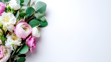 Delicate pastel floral arrangement with eucalyptus on a white background.