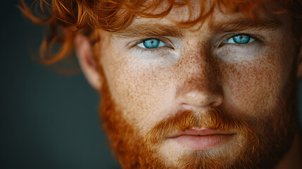 Young male with vibrant red hair and striking blue eyes, showcasing freckles on his face, exuding confidence and intensity in a close-up portrait, capturing raw emotion and personality