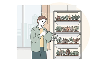 Man tending to a vertical indoor garden with multiple shelves filled with various plants and vegetables