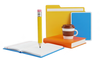 School supplies with notebook, pencil, folder, book, and coffee cup isolated on transparent background
