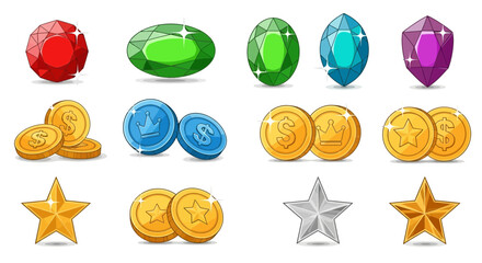 Collection of vibrant game assets featuring sparkling gemstones, shiny gold and silver coins, and bright stars, perfect for UI design, mobile games, or reward systems in digital projects