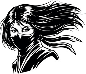 Stylish black and white vector illustration of a determined female ninja or kunoichi face with wind-blown short hair and armored shoulder pads, ideal for a gaming logo.