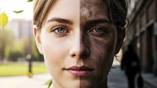 Contrast of privilege: clean and tired faces revealing social divides