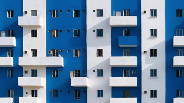 A modern apartment building with a blue and white facade and protruding balconies.