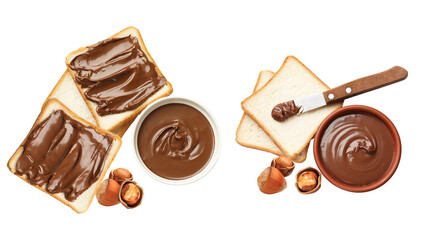 overhead photograph of toasted white bread slices generously covered in creamy hazelnut chocolate spread next to bowls and fresh hazelnuts isolated.