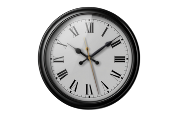 Elegant roman numeral clock with a black frame displaying the time design element on transparent background