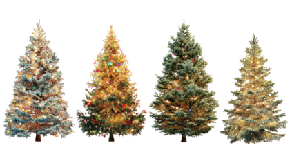 Four decorated evergreen trees with festive lights on a solid black background