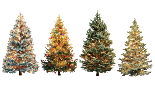 Four decorated evergreen trees with festive lights on a solid black background