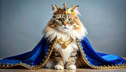 Regal white cat in jeweled crown and velvet cape sitting upright.