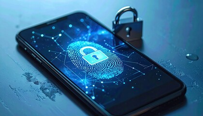 Digital Security Lock Padlock on Smartphone Screen with Glowing Fingerprint and Network Connection Visualized