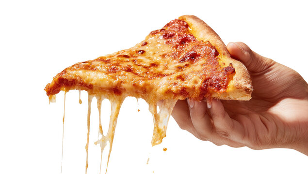 Close-up of a slice of cheesy pizza held in a hand, with gooey cheese dripping