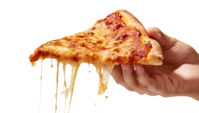 Close-up of a slice of cheesy pizza held in a hand, with gooey cheese dripping