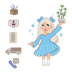 Pixel art scene with a fantasy girl holding a potted plant, surrounded by. Whimsical vector retro-style illustration with sparkles
